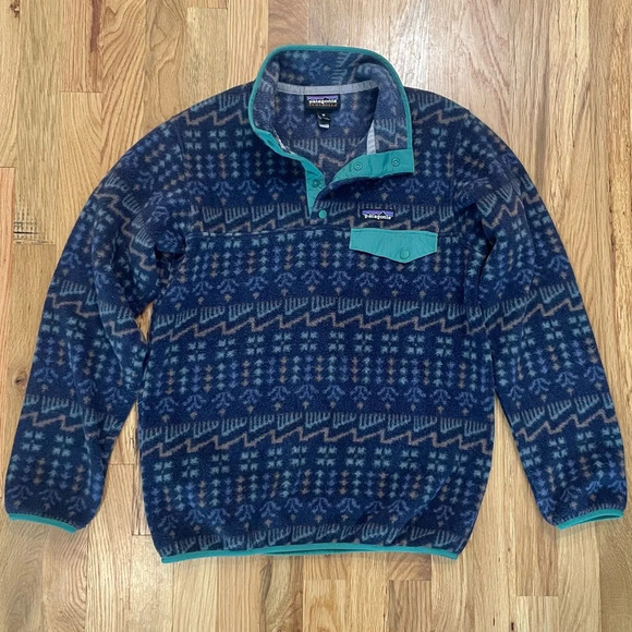 Patagonia Synchilla 3/4 Snap T Fleece Wild Roots Aztec Patterned Navy Pullover - Picture 1 of 5